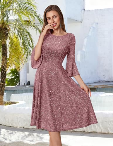 Image of HomRain Women's Church Dresses Modest Bell Sleeve Wedding Guest Cocktail Tea Party Vintage Evening Dress
