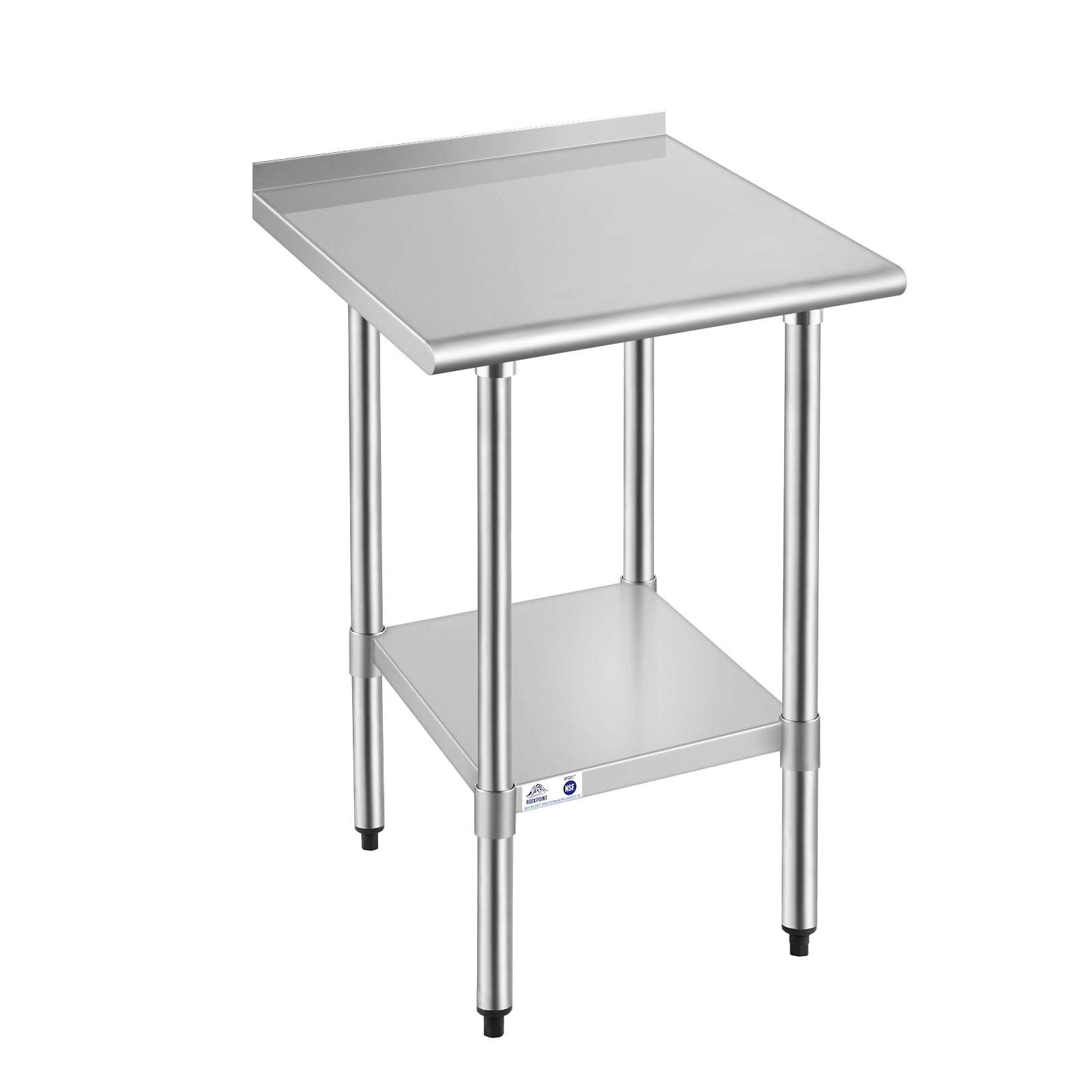 ROCKPOINT Stainless Steel Table for Prep &amp; Work with Backsplash 24x24 Inches, NSF Metal Commercial Kitchen Heavy Duty Table with Adjustable Under Shelf and Table Foot for Restaurant, Home and Hotel