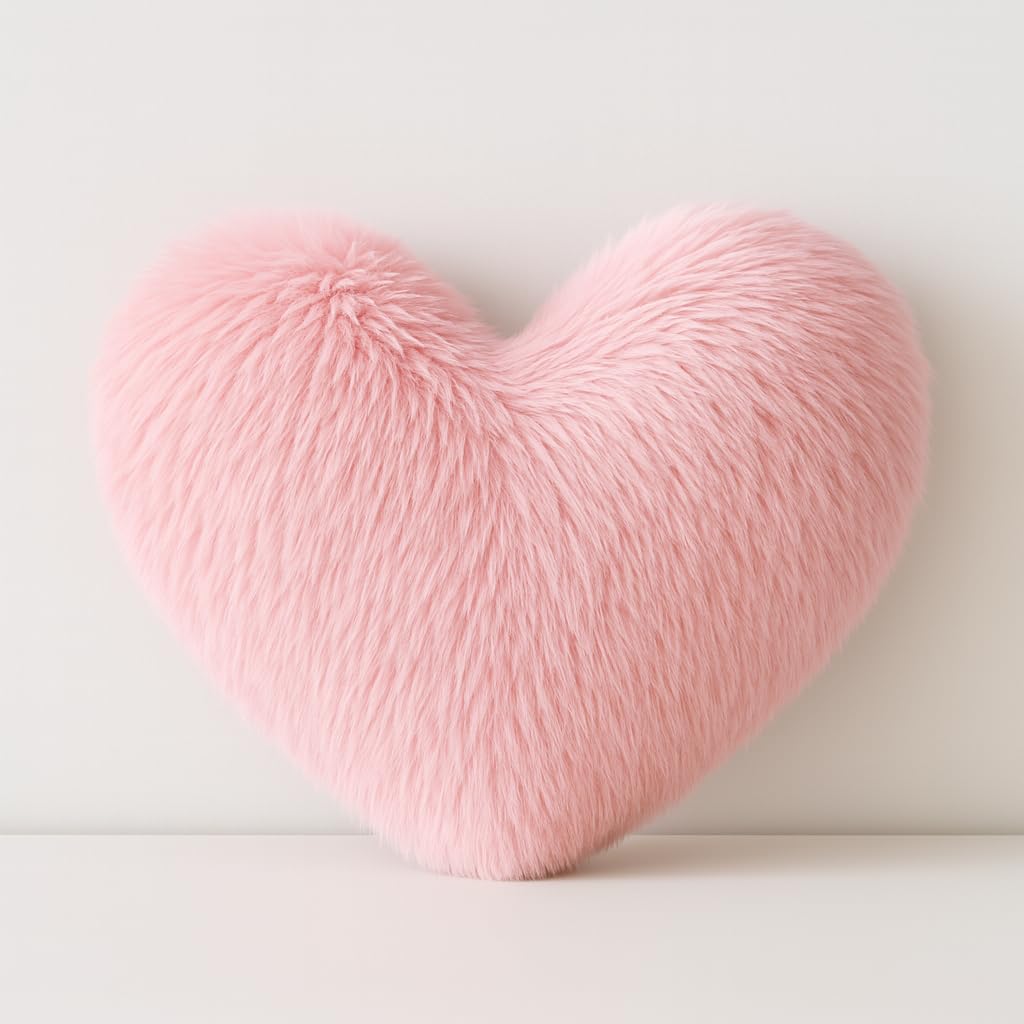 Toyingly Heart Shaped Plush Throw Pillow, Pink Faux Fur, 30 cm, Soft Decorative Cushion for Sofa and Living Room