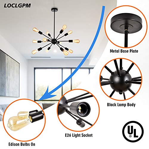 Loclgpm Modern Black Sputnik Chandelier, 12 Light Metal Pendant Lighting, Ceiling Light Fixture for Living Room, Dining Room, Bedroom, Kitchen Island, Restaurant with Adjustable Base