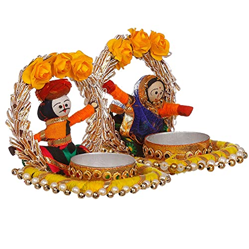 Image of JH Gallery Handmade Recycled Material Rajasthani Dolls Puppet Jharokha Tealight Candle Holder, Multicolor (1 Pair), Recycled Material