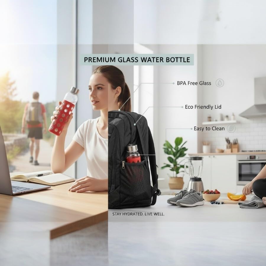 Image of Borosilicate Glass Water Bottle with Silicone Sleeve | BPA-Free, Leakproof, Reusable, Eco-Friendly, Hot & Cold Safe, Travel Bottle for Gym, Office, Yoga (Red, 500ml)