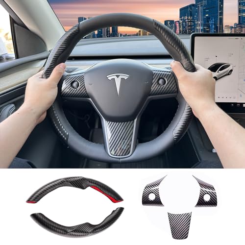 TSenyic Carbon Fiber Tesla Steering Wheel Cover for Tesla Model 3/Y with Steering Wheel Wrap Kit, Anti Slip Steering Wheel Cover, Car Accessories for Women/Men - Black