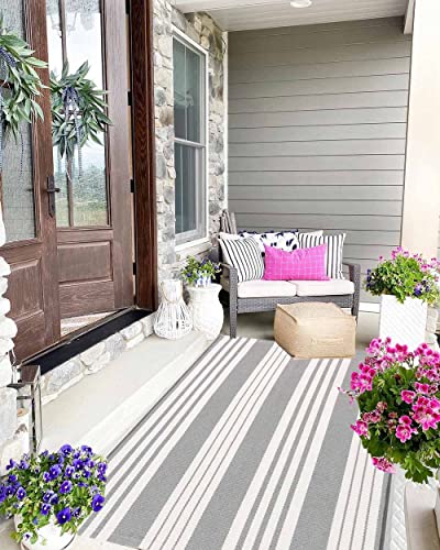 Grey And White Outdoor Rug 3'X 5' Front Porch Rug Cotton Hand-Woven Striped Rug Machine Washable Indoor/Outdoor Area Rug Front Door Floor Mat For Farmhouse/Layered Door Mats/Living Room/Entryway #TOP6