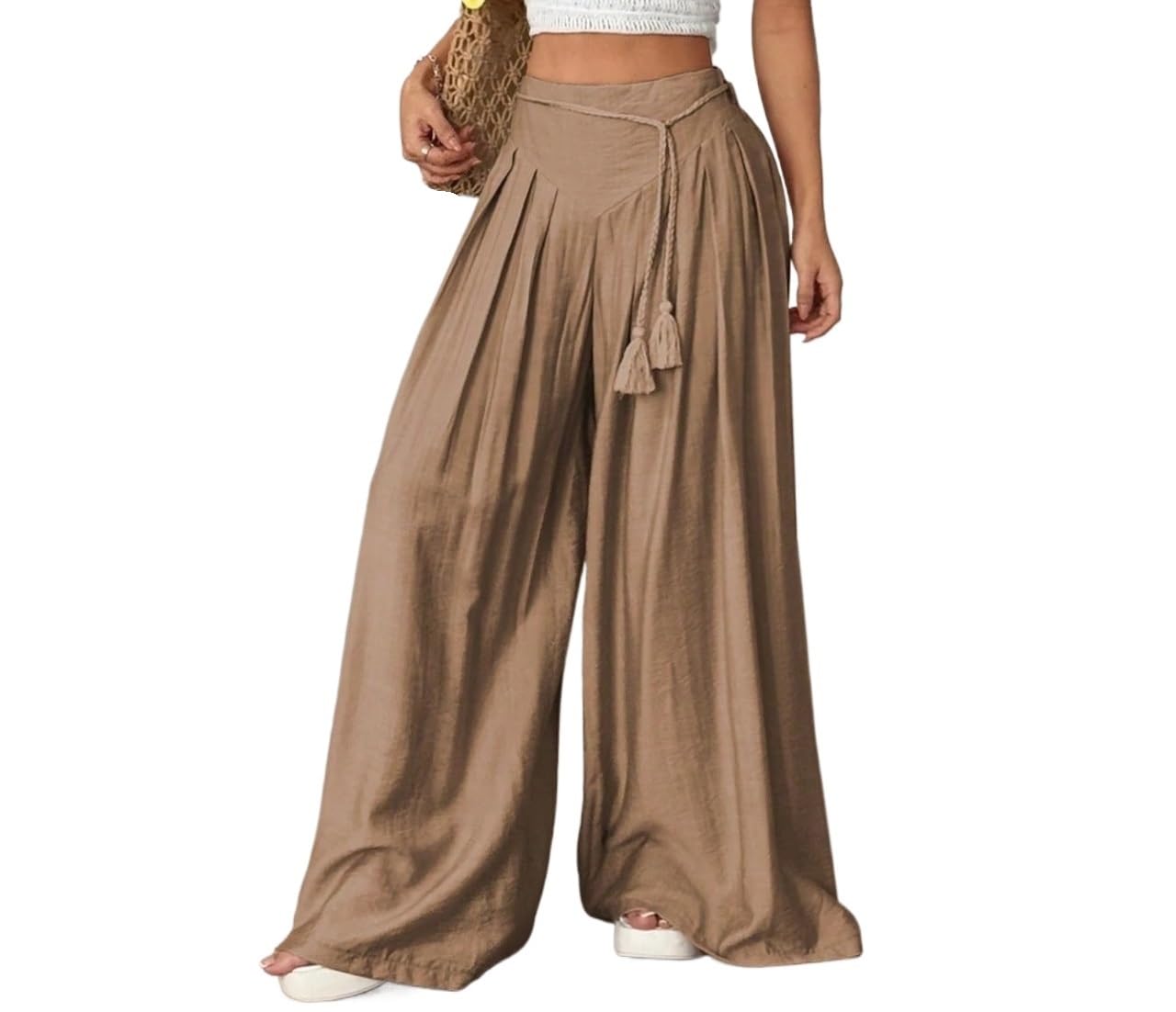 Womens Wide Leg Casual Pants Loose Flowy Pants with Trim
