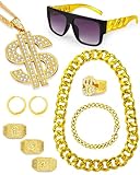 Hoedia 10 PACK 80s 90s Hip Hop Costumes Outfit Kit with Fake Gold Chains, Money Chains, Sunglasses, Dollar Sign Finger Rings, Earrings, Bracelet for Rapper Accessories for Men and Women Dress Outfits