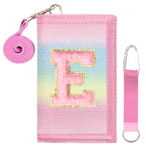 SiorVeol Girls Wallet for Kids Initial Glitter Wallets Trifold with Zipper and Card Slots Including Neck Lanyard and Hanging Strap, Rainbow with Stripes, E