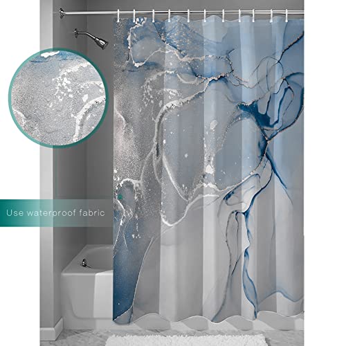 Pinroote Marble Shower Curtain, Blue And Grey Small Stall Shower Curtains For Bathroom/Bathtub, Watercolor Ink Painted Abstract Art Waterproof Fabric Shower Curtain Set With 12 Hooks, 36" X 72" #TOP2