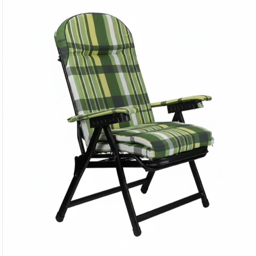 Poltrona Sdraio Reclinabile con Prolunga Poggiapiedi, Verde a Righe, Schienale 6 Posizioni, Cuscino 7 cm, Braccioli Imbottiti, Struttura Pieghevole in Ferro, 176x60x30 cm