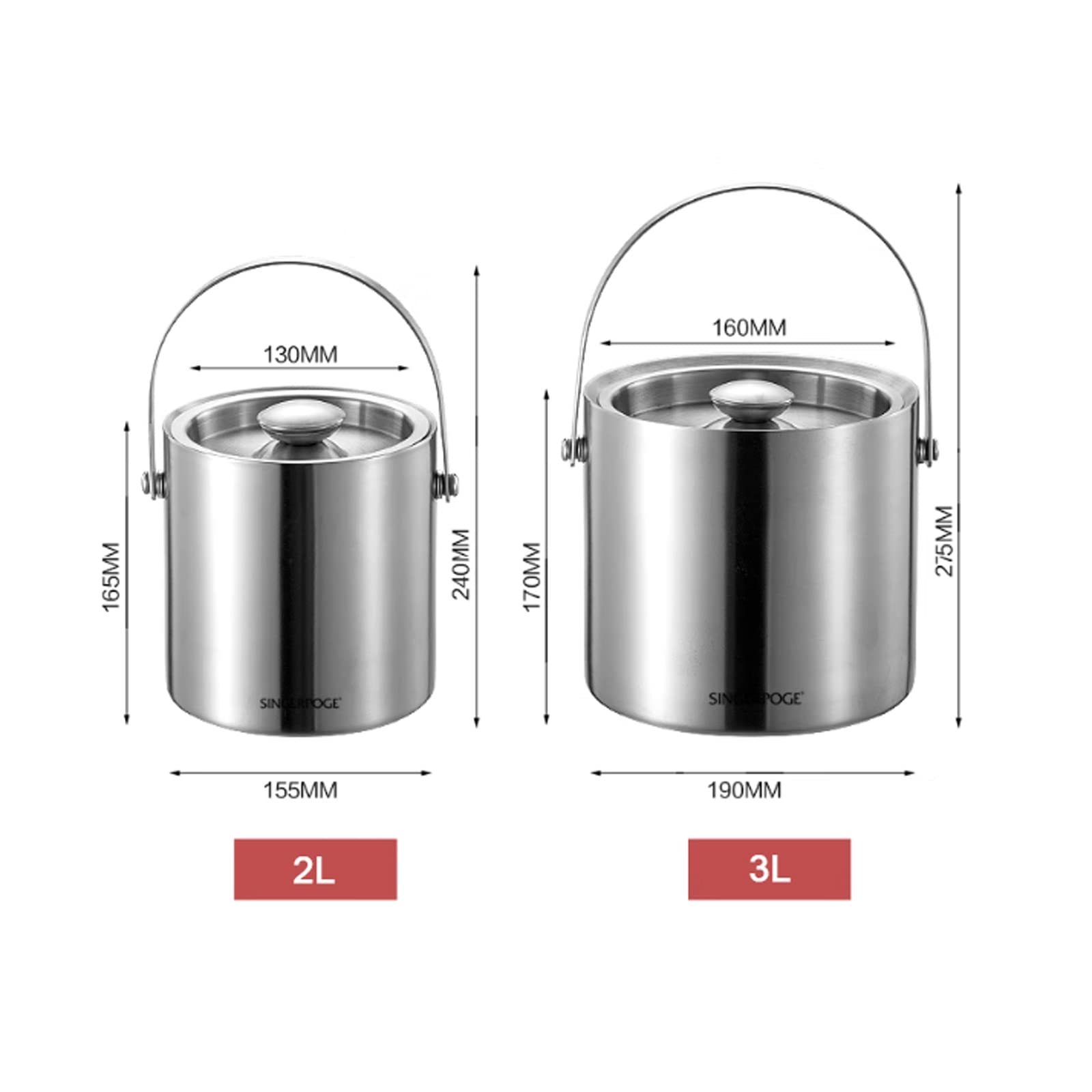 Portabilidad Inicio Cubo de Hielo Aislado Doble Pared Engrosada | Con Tapa, Mango y Pinzas, Acero Inoxidable(3L)