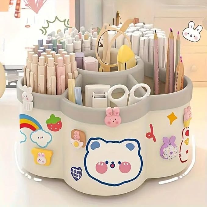 Image of 360 Rotating Pen & Makeup Brush Holder Organizer with 6 Compartments, Minimalist Plastic Storage Box, Vibrant Color Family, Stationary, Multicolor