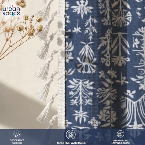 Image of Urban Space Boho Decorative Curtain for Window, 100% Cotton Curtain 5 Feet Long, 1 Piece Curtain with Tassels, 60-65% Room Darkening with Tieback and Eyelets (Twigs Indigo Blue, 5 Feet)