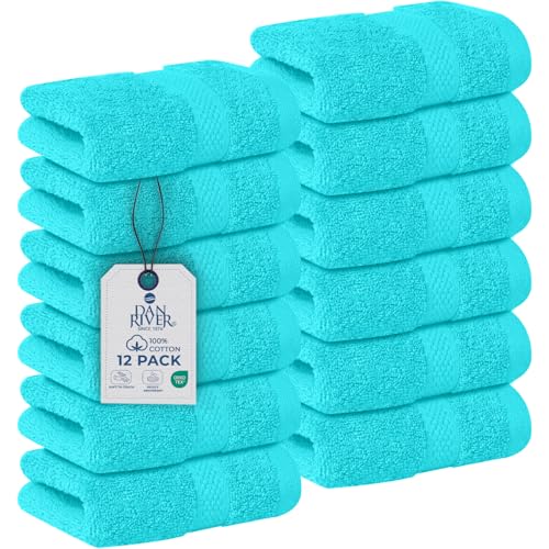 Image of DAN RIVER 12-Pack Premium 100% Cotton Aqua Face Towels for Bathroom - Reusable Face Wash Cloths for Showering 12x12 Inches - 550 GSM Super Soft & Absorbent Luxury WashCloths for Body, Spa & Gym
