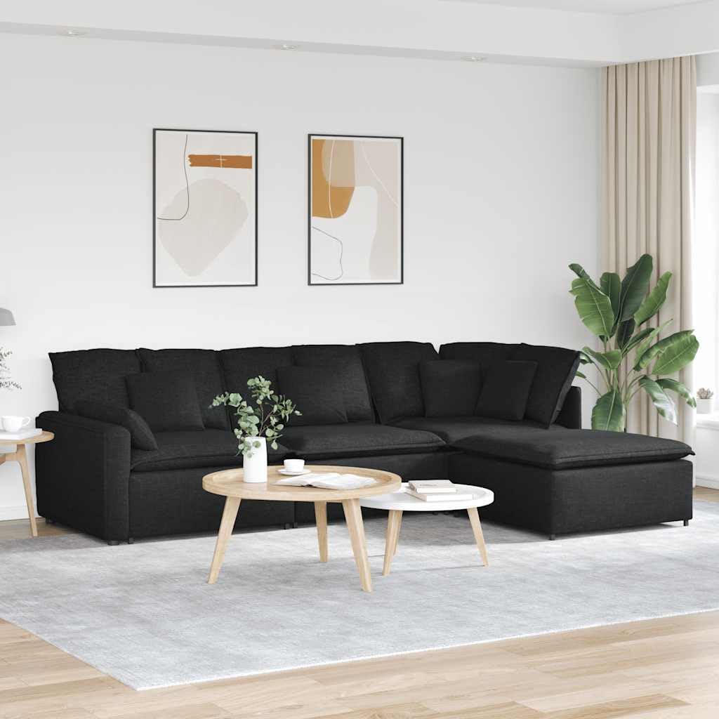 Modułowa sofa z podnóżkiem, czarna tkanina, 4-częściowy zestaw wypoczynkowy z funkcją spania