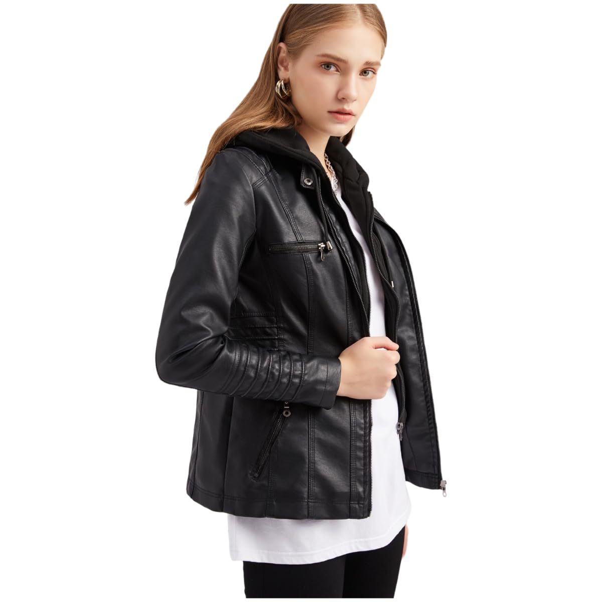 Generisch Lederjacke Damen Mantel Fruehling, Kapuzen Kunstleder Lederjacke Frauen Jacke mit Reißverschluss Motorradjacke Bikerjacke Kapuzenjacke Übergangsjacke Ladies Oberbekleidung