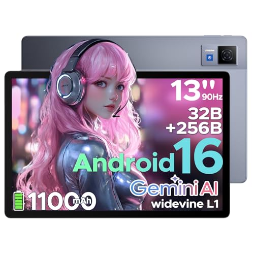 DOOGEE U13 13 inch Tablet with Gemini AI,Android 16 Tablet,11000mAh Battery,32GB+256GB,2.2Ghz Octa-Core Processor,FHD+90Hz Display Gaming Tablets,13MP+8MP,7.9mm Ultra-Thin Body,Face Unlock,Grey