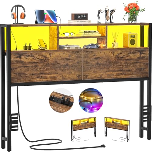 Image of Aheaplus Headboard for Full Size Bed with Storage, Headboards with Outlets | Full Size Head Board Only, USB Ports and LED Light, Height Adjustable, Reversible, Sturdy & Stable Headboard, Rustic Brown
