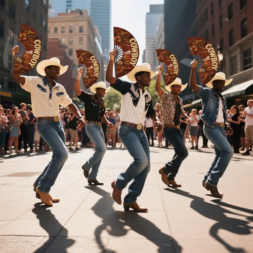 Image of Cowboy Fans for Line Dancing, 13inch Large Hand-held Flat Fan Western Style Popping Fan for Party, Festival, Club, Dancing