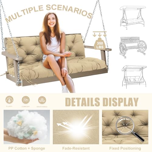Image of Porch Swing Cushions Outdoor 60 inch x 40 Waterproof Swing Cushions 3 Seater Replacement with Backrest & 8 Ties 5 inch Thick Bench Swing Cushions for Outdoor Furniture Patio(Khaki)