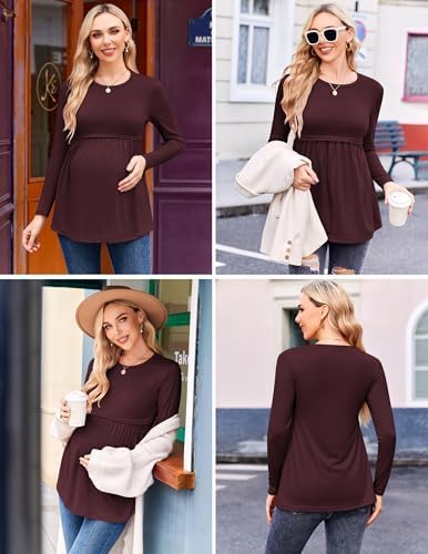 Ekouaer Maternity Shirts 3 Packs Pleated Long Sleeve Tops Tunic Casual Pregnancy Clothes - Image 2
