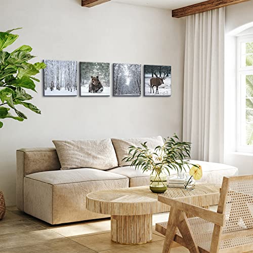 Sungeek Canvas Wall Art Prints 4 Pieces Modern Picture Framed Bear Deer Snow Scene Artwork Paintings for Bedroom Living Room Kitchen 30x30cm Home Wall Decoration Paintings steampunk buy now online