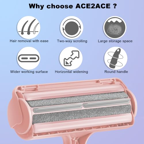 Image of ACE2ACE Pet Hair Remover Roller, Reusable Animal Hair Removal Brush for Dogs and Cats, Self Clean Pet Fur from Carpet, Furniture, Rugs, Laundry, Clothes and Bedding, Sofa, Pink