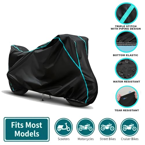 Image of Waterproof Bike Body Cover Compatible for | Indus Crux S Base | Taffeta Fabric, Sky Piping Design, Bottom Elastic Fit | Dustproof, Sun UV & Rain Protection for All Weather.