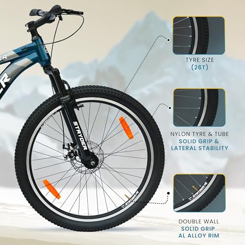 Image of Stryder 26T Krueger 21S Gear Mountain Cycle (Black-Teal Green) - 21-Speed | Front Suspension | Dual Disc Brakes | Steel Frame | Double Wall Alloy Rims | Unisex MTB Bicycle (Blue::Yellow)