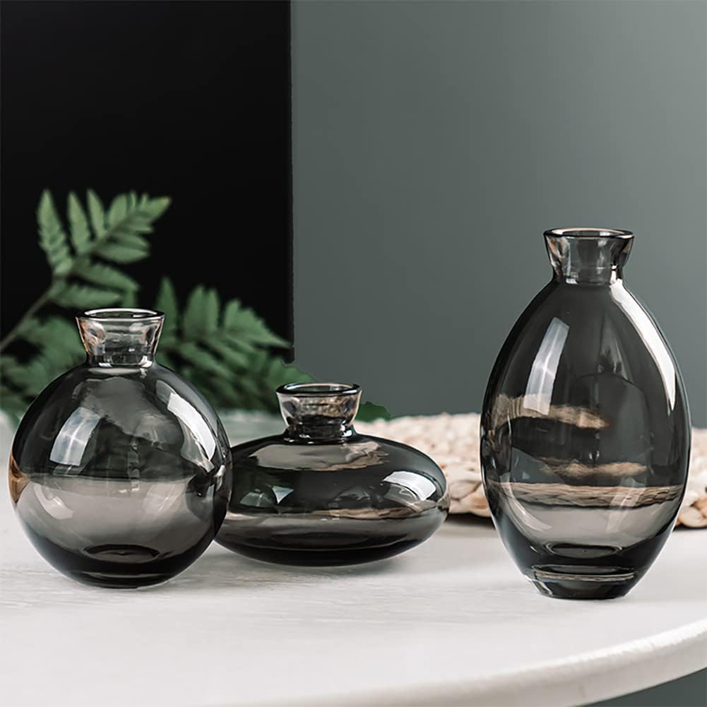 Mini Glass Vase of 3(1.2", 2.4", 3.6" Tall), Hand-Blown, Tasteful and Restrained, Best for Flowers, Suitable for Modern, Natural and Other Decoration. As a Gift for Wedding or Housewarming