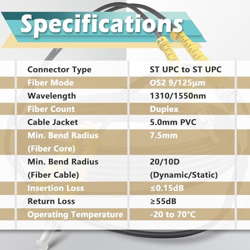 Image of 15ft / 5m Armored OD-5mm OS2 ST to ST Single Mode Fiber Cable, ST-ST Fiber Optic Patch Cord, Duplex 9 /125um SMF Optical Jumper, Black