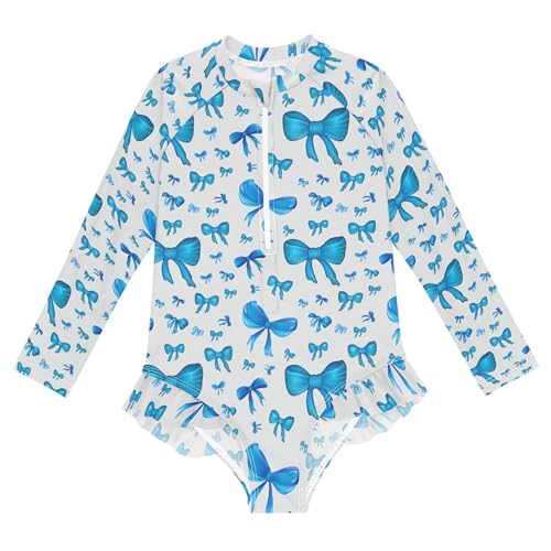 Blue Bows Girls Long Sleeve Rashguard Swimsuit UV Protection One-Piece Swimwear Bathing Suit B0404870