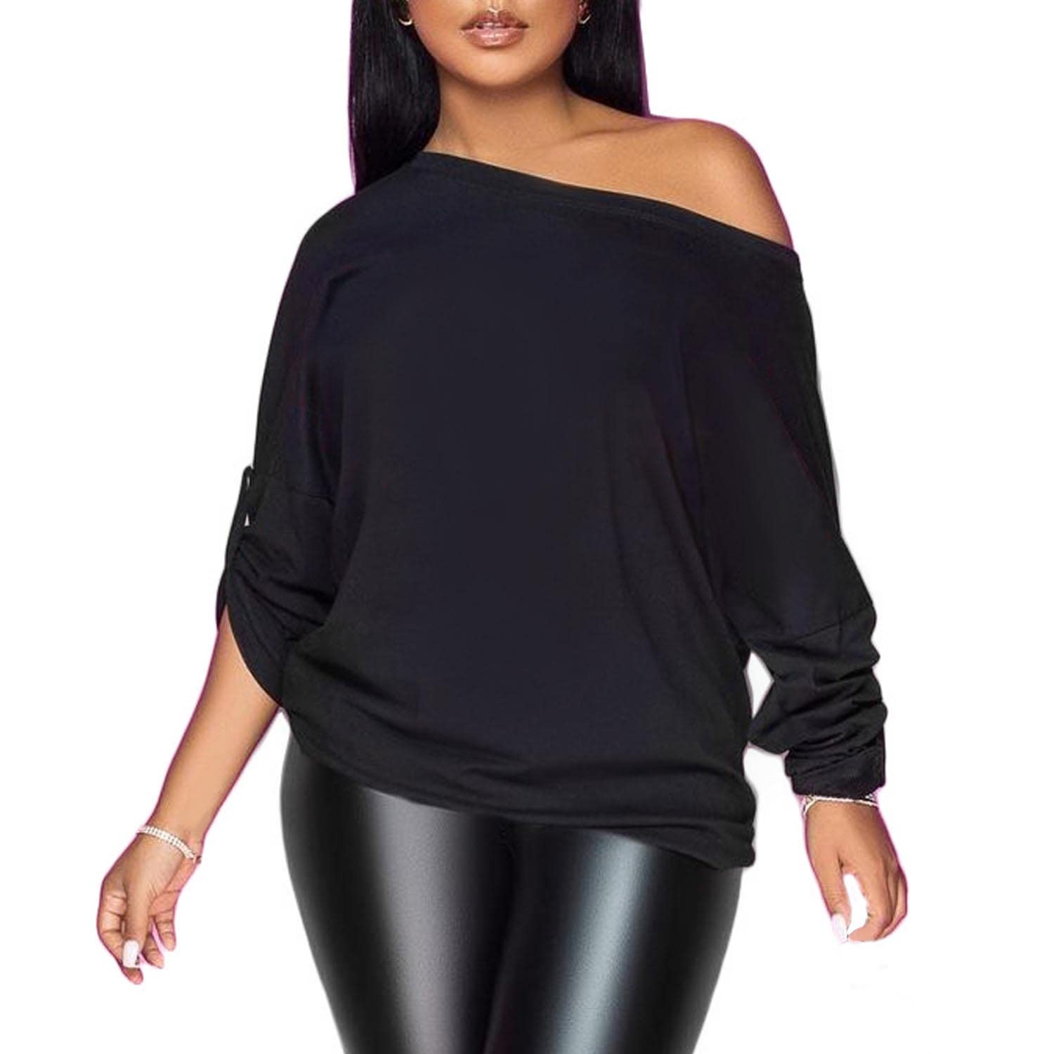 PESION Womens Off The Shoulder Tops Sexy Shiny Metallic Shirts Long Sleeves Fashion Graphic T-Shirts Blouses