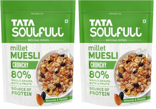 Image of Tata Soulfull Crunchy Millet Muesli, 500 g, Contains Wholegrains Nuts & Fruits, Source of Protien, High Fibre, Contains Ragi & Jowar (Pack of 2)