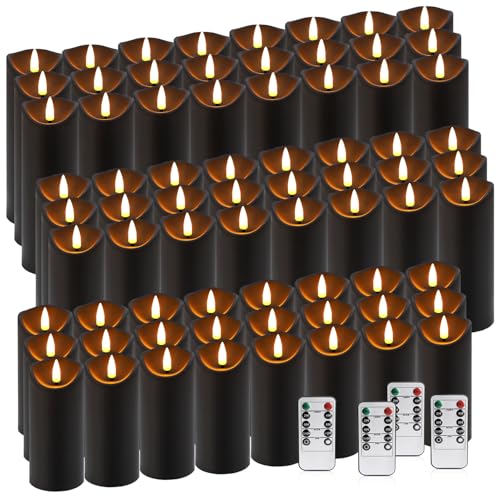 Image of Black Flameless LED Candles with Remote Timer, 72 Pack Battery Operated Flickering Pillar Candles, Waterproof Electric Fake Candles for Halloween Decor, Spooky Party, Haunted House, Indoor Outdoor Use