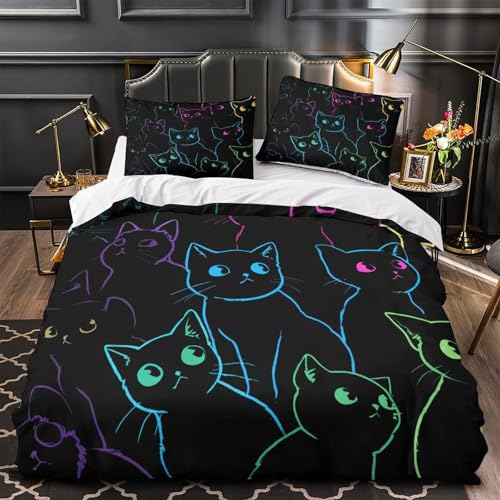 Housse de couette chat néon double 200x200 parure lit microfibre ado garçon - 2