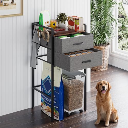 Meltrck Slim Pet Storage Rack 19.3 Narrow Dog Food Storage Station with 2 Multi-Purpose Drawers & Side Hooks Space-Saving Pet Supply Organizer for Small Apartments Grey & Black