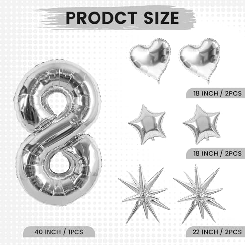 Image of TONIFUL 8th Birthday Balloons Kit 40Inch Silver Large Number 8 Foil Balloon | with 18Inch Helium Mylar Heart Star Balloons for Kids Women Men Birthday Anniversary Graduation New Year Eve Party Decoration