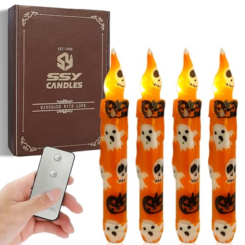 Image of Halloween Candlesticks Flameless Taper Candle, 4pcs Printed LED Tapered Candles Remote Dipped Candle 6inch Battery Chandelier for Enchanting Weddings and Harry Potter Inspired Vigils(Hall)