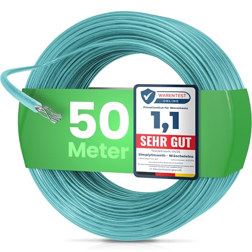 SimplySmooth Wäscheleine 50m - Wäscheseil mit Stahlkern in 3 Längen - Stabile Wäsche Leine extra stark - für Wäschespinne, Garten & Camping - Outdoor - türkis