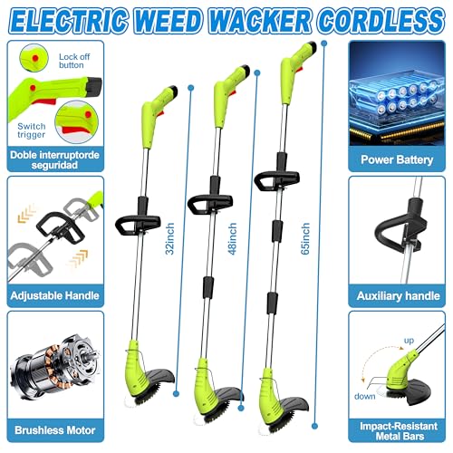 Aokia Electric Weed Wacker Cordless, 12V Battery Powered Weed Eater Cordless with Adjustable Pole (65inch), Lightweight Grass Trimmer Cutter/Edger/Mower with 2 Types Blade for Garden and Yard Lawn