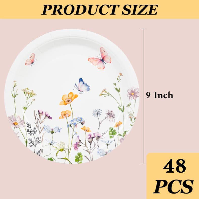 48 Pcs Wildflower Paper Plates 9 Inch Disposable Floral Plates Spring Summer Watercolor Rustic Botanical Dinner Plates for Baby Shower Birthday Bridal Shower Wedding Tea Party - Image 2