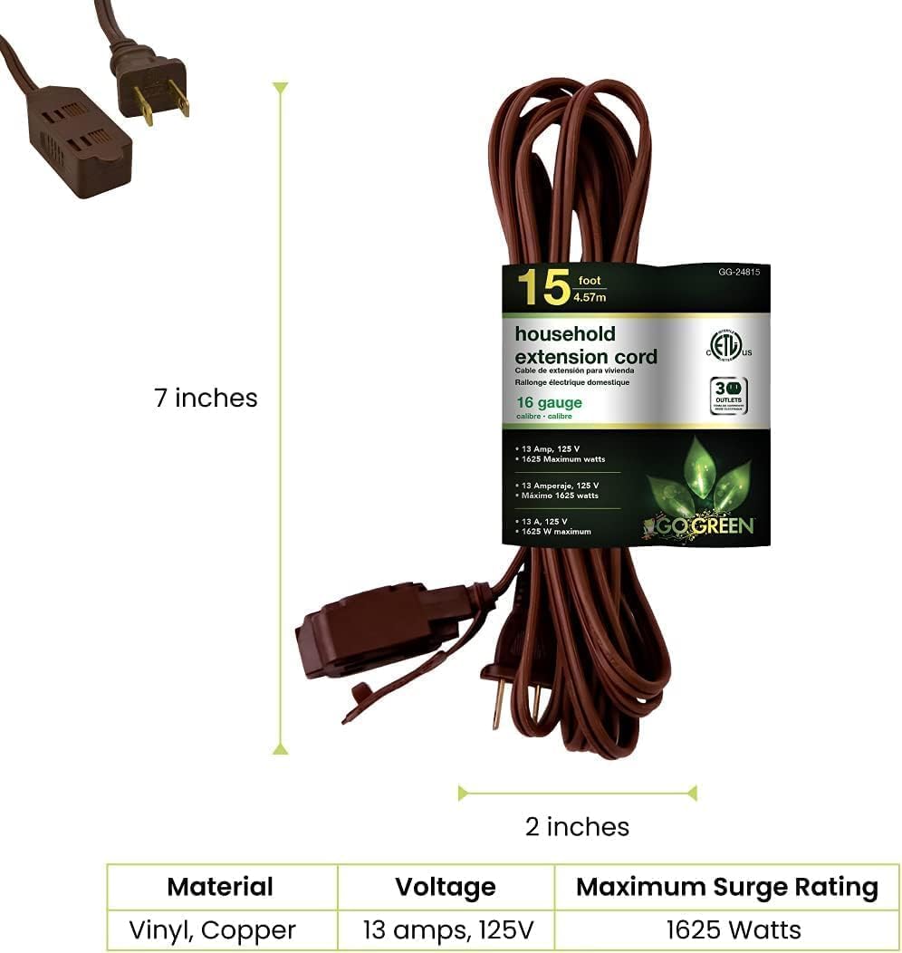 GoGreen Power Inc. (G-24815-5) 16/2 15' Household Extension Cord, 3 Outlets, Brown, 15ft, 5 Pack