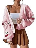 MakeMeChic Women's Floral Applique Lantern Sleeve Open Front Cropped Cardigan Sweater Cherry Pink L