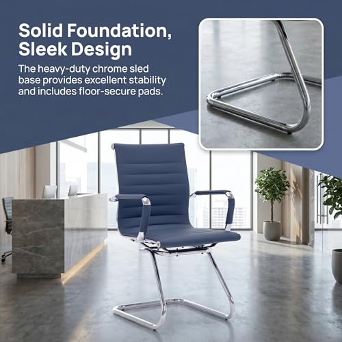 Image of HNY Leather Office Guest & Reception Chairs Set of 2, Modern Waiting Room Chairs with Arms, Desk Chair no Wheels with Sled Base for Conference Room, Navy