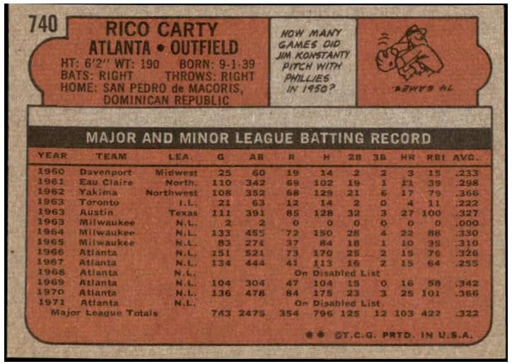 Miniatura 2 de 1972 Topps #740 Rico Carty Braves EX-MT 476705 Kit Young Cards