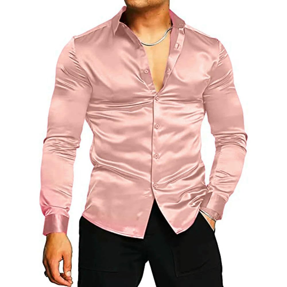 ZBDP Rosa Raso di Seta di Lusso Camicia Da Uomo Slim Manica Lunga Smoking Camicia Maschio Matrimonio Club Party Dance Prom Camisas