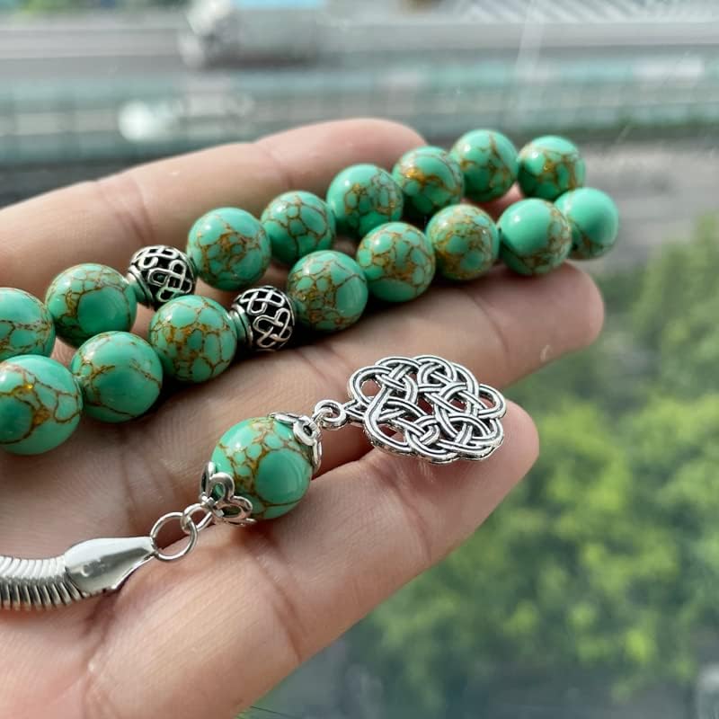 Tasbih Green Turquoise Stone Inside Gold Line Muslim Prayer Beads Islamic Rosary Beads Bracelet (12mm x 45 Beads)