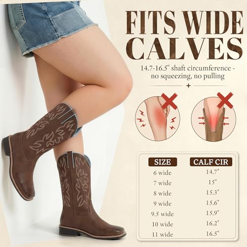 Image of SheSole Women's Wide Calf Cowgirl Boots Square Toe - Wide Width Cowboy Boots for Wide Feet & Thick Calves, Comfortable Western Boots for Daily Work, Rodeo & Country Concert