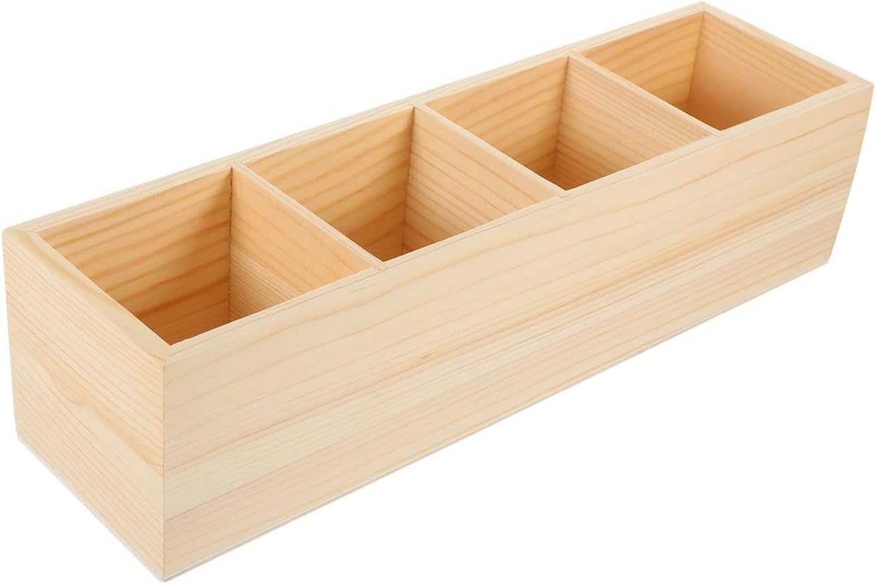 EXCEART Pine Wood Pen Holder 3 Compartment Desktop Organizer Storage