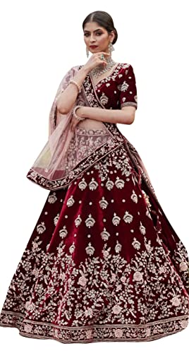 TRENDMALLS Velvet Embroidery Work Bridal Lehenga Choli Unstitch Blouse with Dupatta For Women